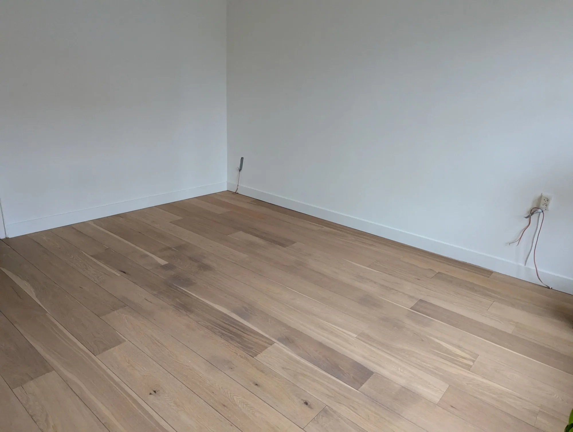 Lichte kamer met strak wit geschilderde wanden en plinten boven een eiken vloer